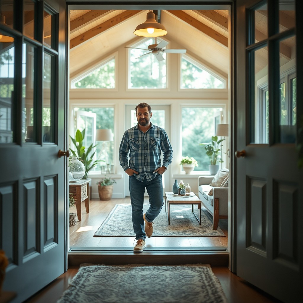 A man stepping through the front door of a cozy, inviting house
