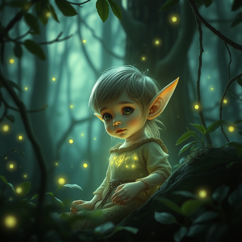 A mysterious forest scene featuring a small elven child glowing with natural magic, surrounded by floating fireflies and ancient green plants