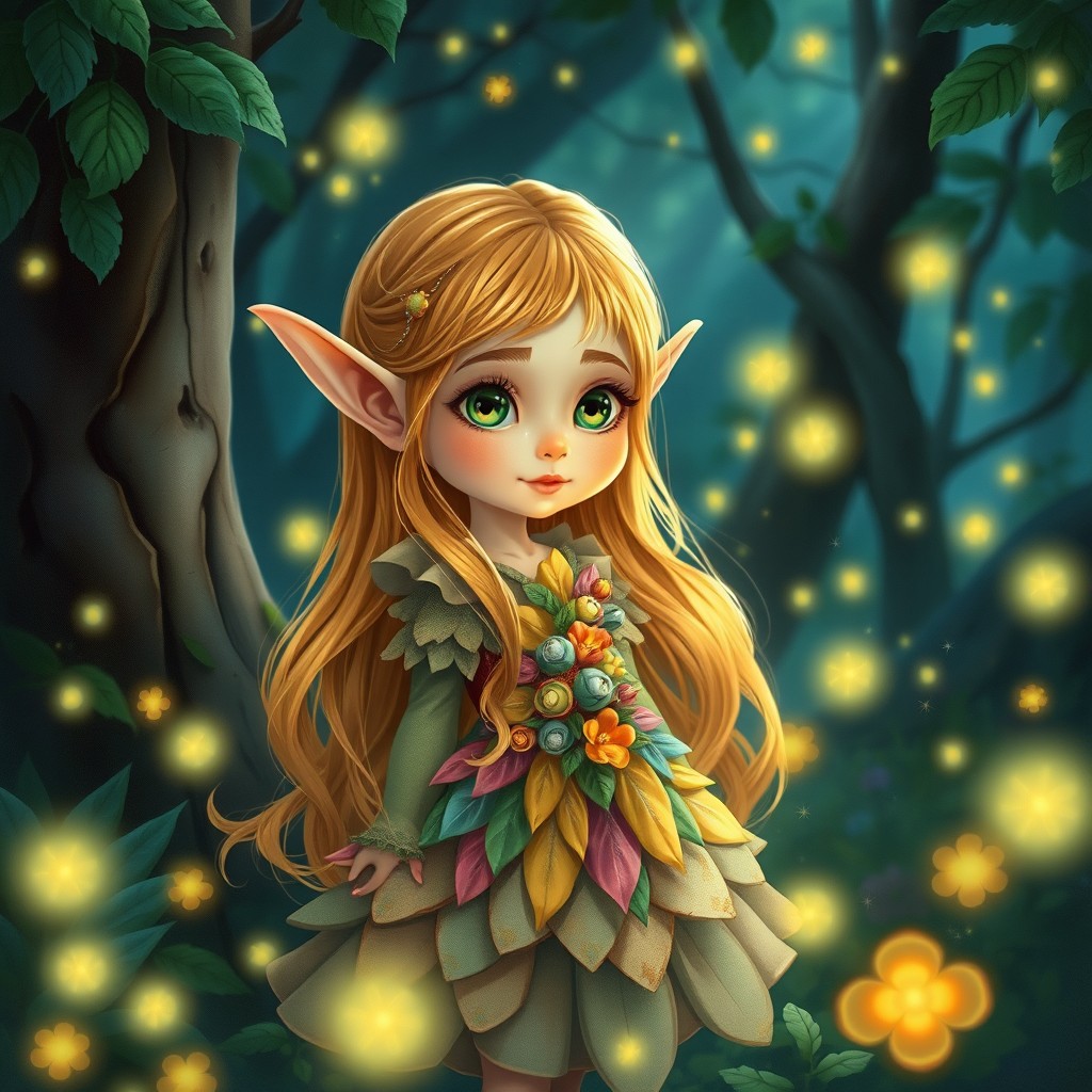 A small elven girl, approximately 4-5 years old, with long golden-copper hair cascading down, bright green eyes sparkling with wonder