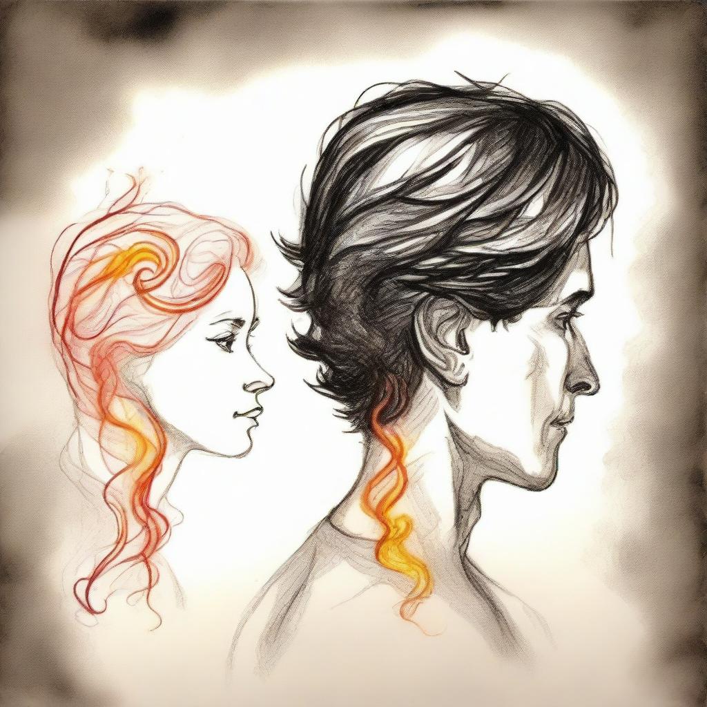 Craft a drawing of a man observing a side-profiled woman in the distance, her hair vividly portrayed as mesmerizing flames.