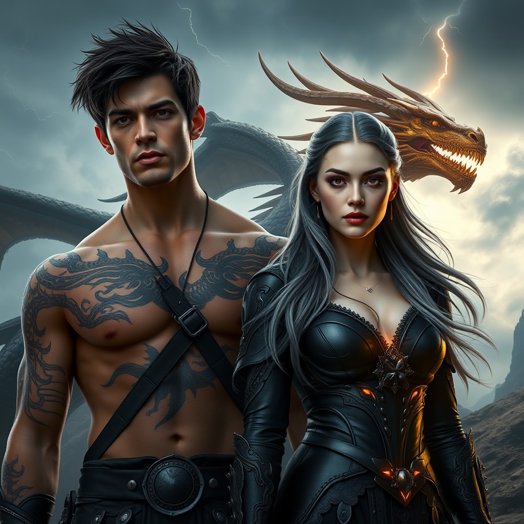 A powerful couple stands side by side in a dramatic landscape