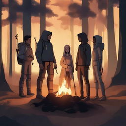 A high-quality digital art piece depicting a diverse group of individuals in a tranquil nighttime woodland setting