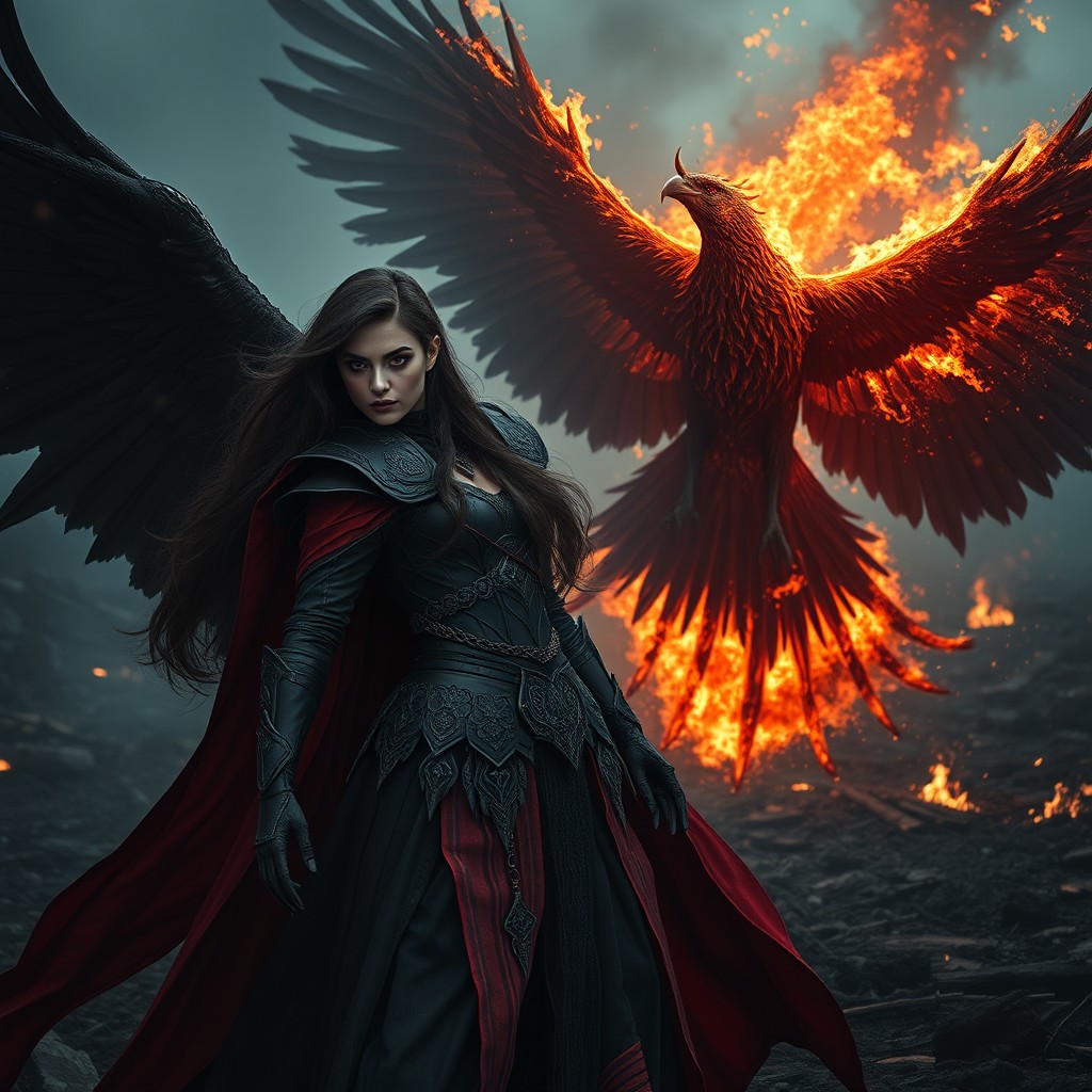 A dangerously beautiful woman dressed in intricate black and crimson armor, her long obsidian hair flowing dramatically