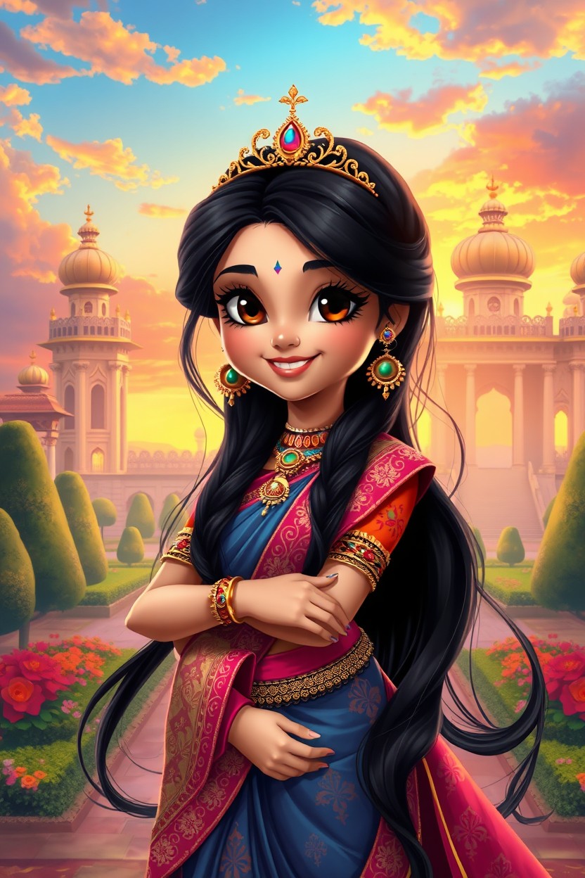 A stunning digital painting of a cute Indian princess, showcasing her in a magnificent traditional outfit adorned with intricate patterns and vibrant colors