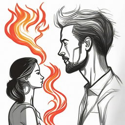 Craft a drawing of a man observing a side-profiled woman in the distance, her hair vividly portrayed as mesmerizing flames.