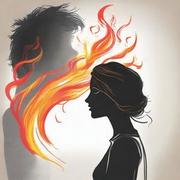 Craft a drawing of a man observing a side-profiled woman in the distance, her hair vividly portrayed as mesmerizing flames.