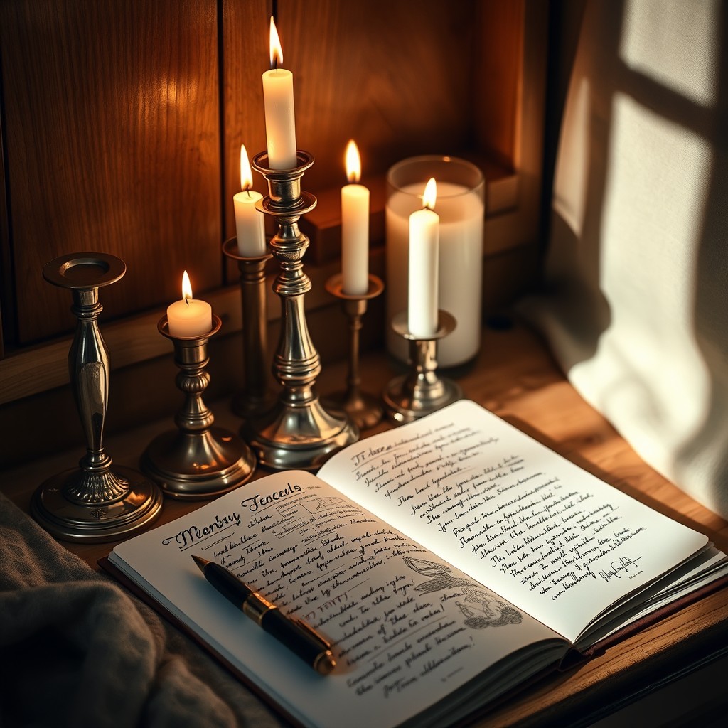 A beautifully arranged still life featuring a collection of elegant candlesticks in varying heights, made of silver and brass, reflecting soft candlelight
