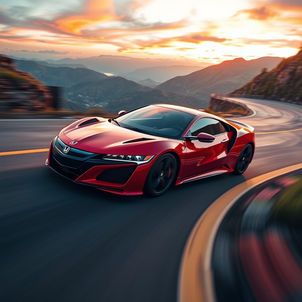 A sleek and powerful Honda sports car racing on a dynamic twisty mountain road, vibrant sunset in the background with colorful clouds