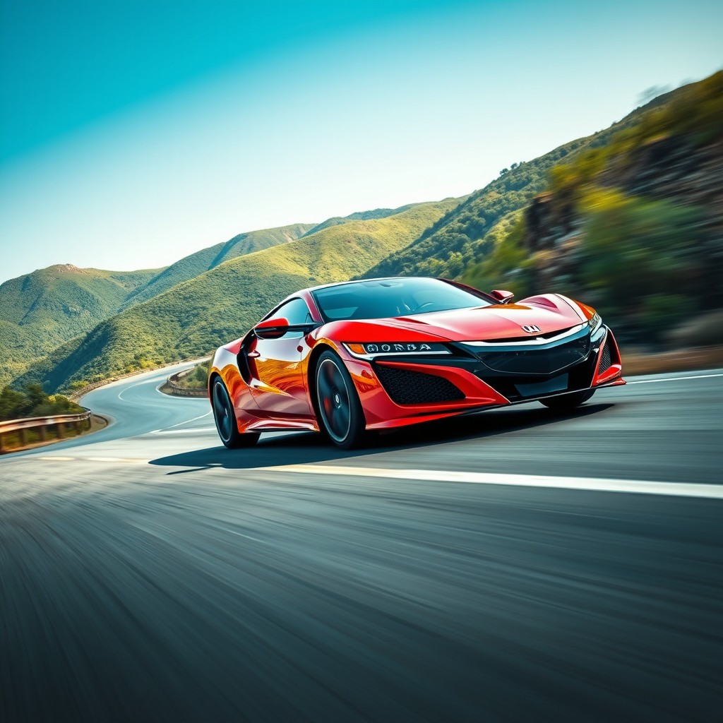A dynamic Honda sports car racing on a winding mountain road, showcasing its sleek aerodynamic design and vibrant colors