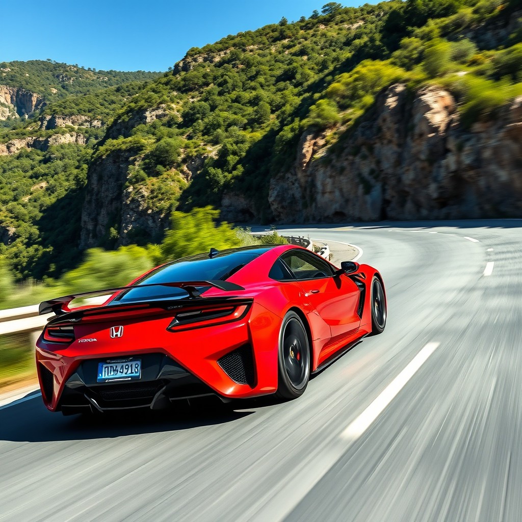 A high-performance Honda sports car racing on a winding mountain road, showcasing its sleek aerodynamic design and vibrant color
