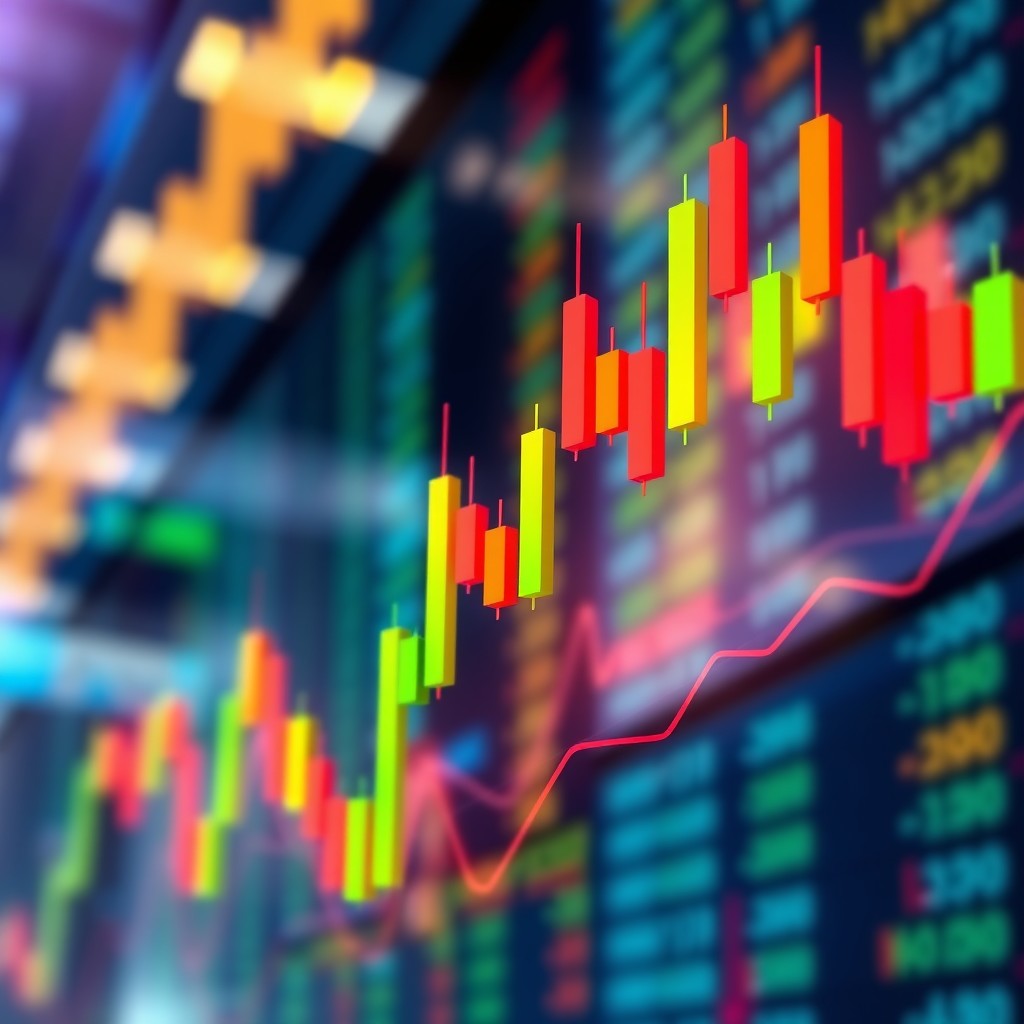A dynamic financial illustration featuring candlestick charts representing the performance of the Dow Jones Industrial Average