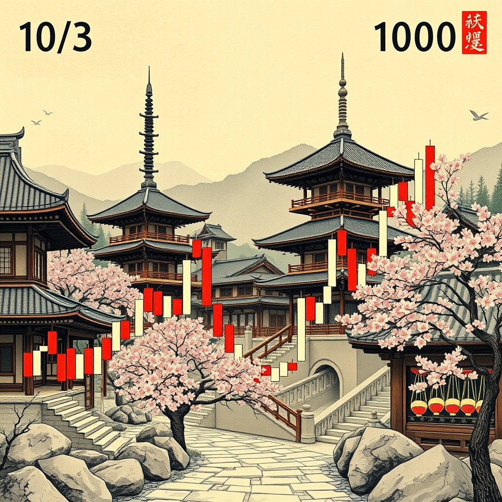An intricate historical illustration of candlestick charts depicting the Dow Jones Industrial Average, set in Japan around the year 1800