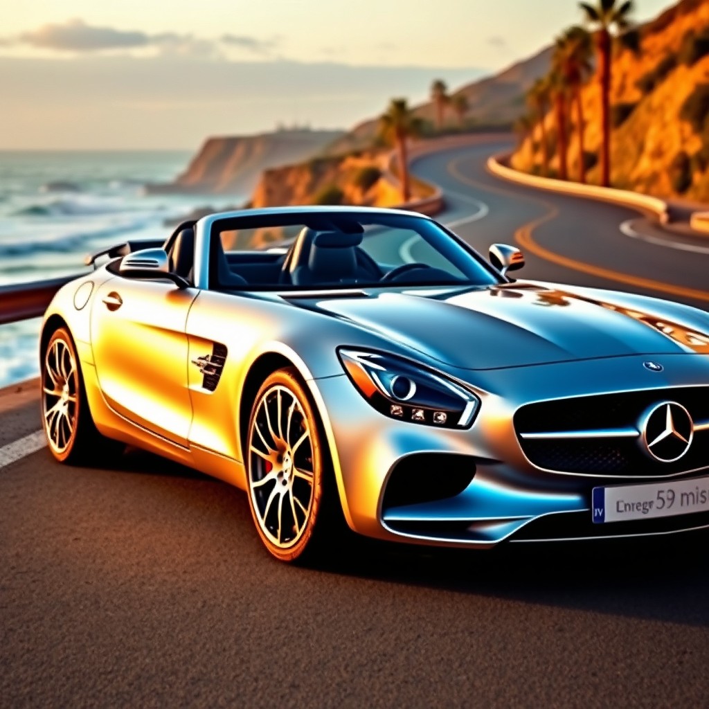 An elegant Mercedes-Benz sports car parked on a scenic coastal highway, showcasing its luxurious design with a gleaming silver exterior