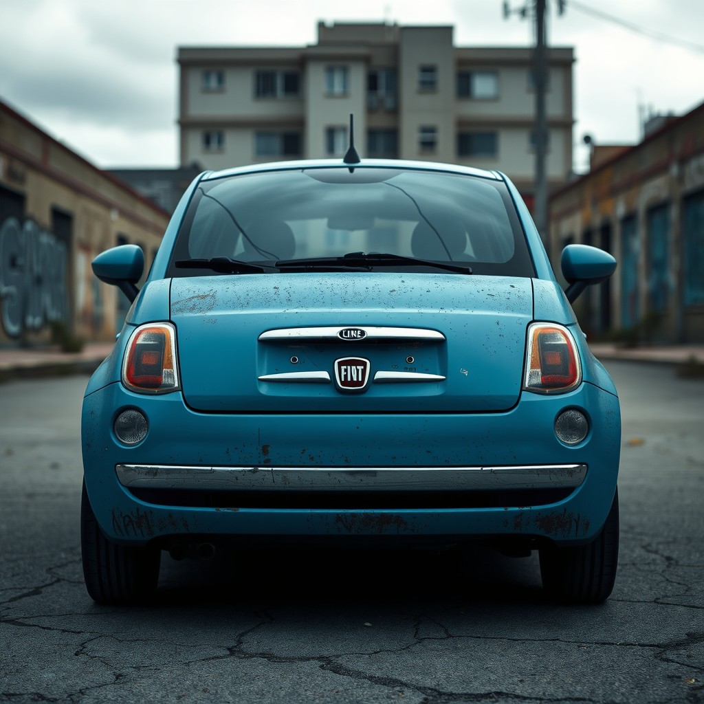 An unappealing Fiat car parked in a deserted urban environment, showcasing its minimalistic design with a faded blue exterior that has seen better days