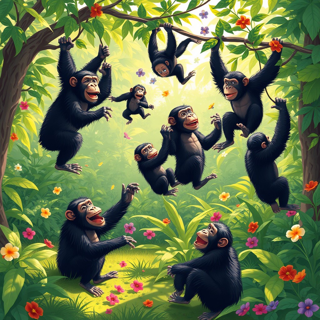 A lively and whimsical scene featuring a group of chimpanzees engaging in playful antics in a lush, vibrant jungle setting