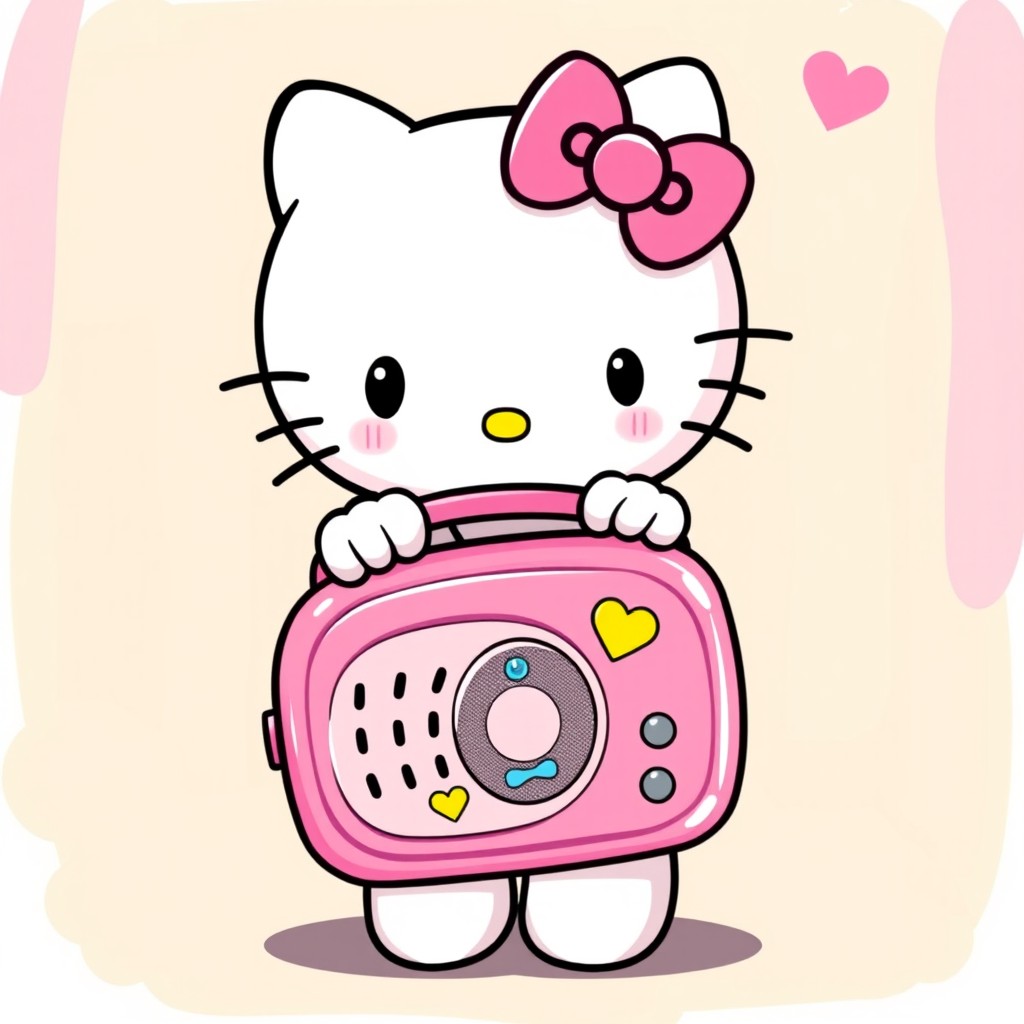A cute illustration of Hello Kitty holding a pink radio, designed in a charming and playful style