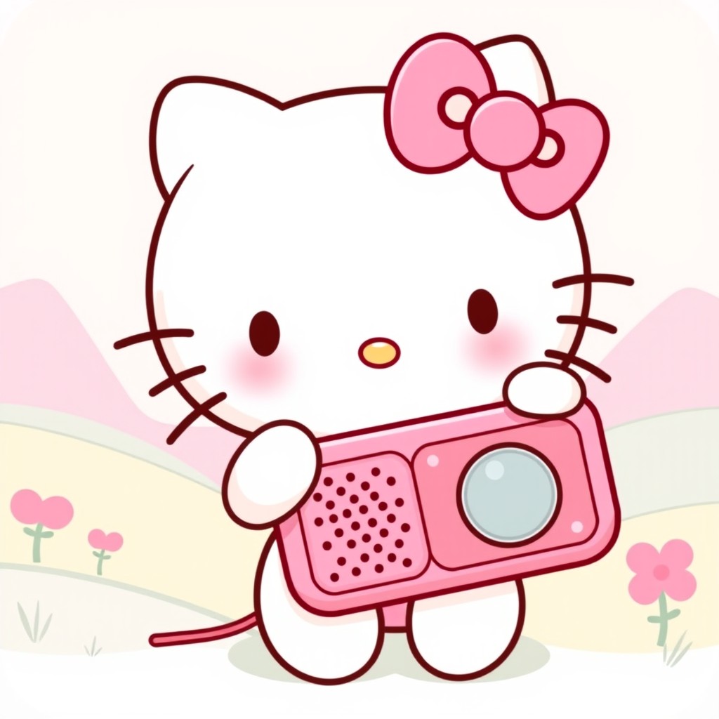 A cute illustration of Hello Kitty holding a pink radio, with her characteristic bow and friendly demeanor