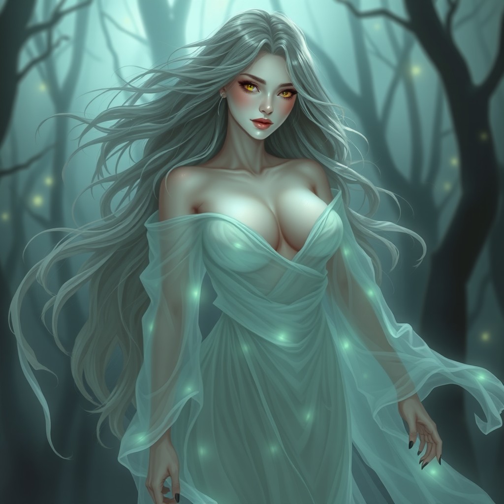 A beautiful ghostly figure with an attractive large chest, embodying an ethereal spirit with delicate yet alluring features