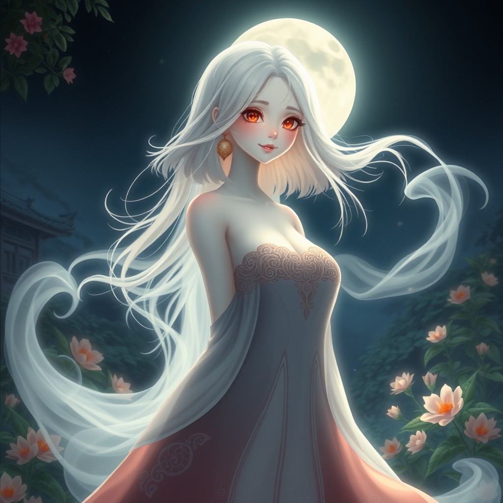 A beautiful beautiful ghost with a petite stature and an attractive large chest, embodying a mystical spirit with captivating features