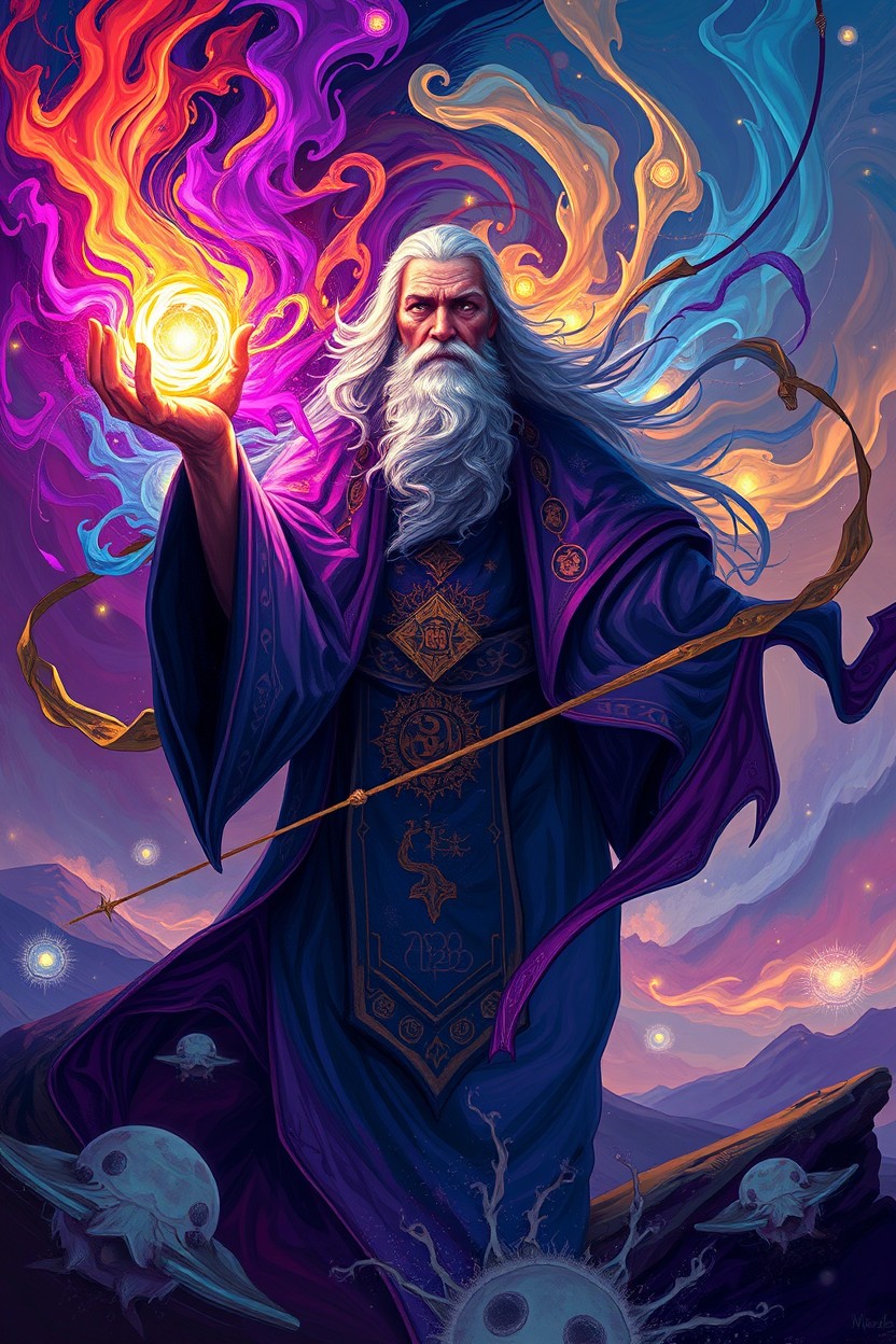 An abstract digital painting of a wise and mystical sage, enveloped in swirling colors, emanating a radiant aura of powerful energy