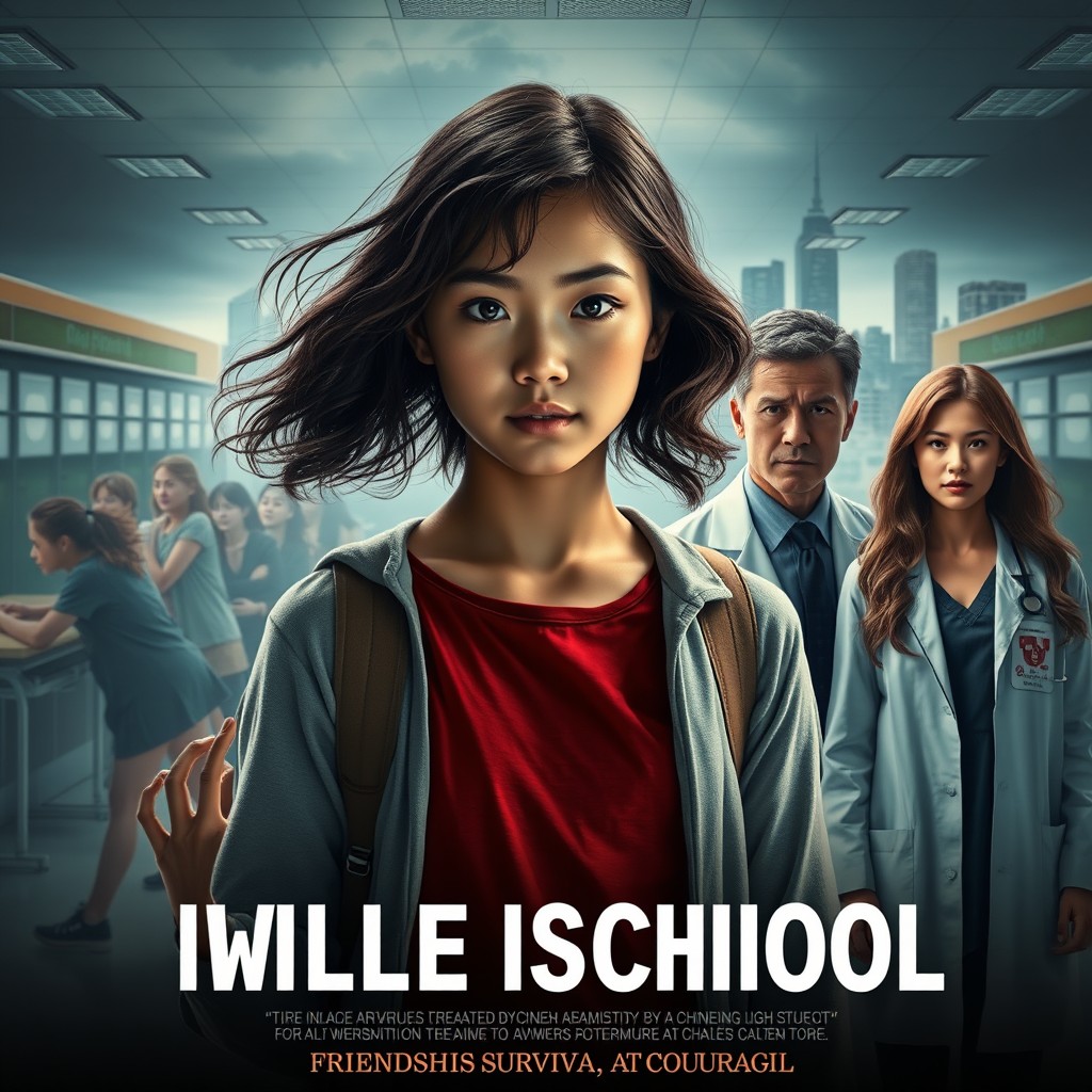 A movie poster featuring a girl with wavy hair, who is immune to a virus created by a Chinese scientist