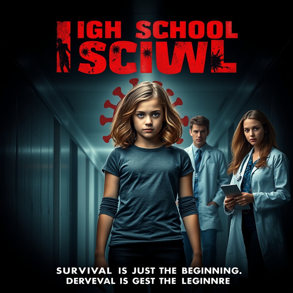 A dramatic movie poster featuring a young girl with wavy hair standing confidently in the center