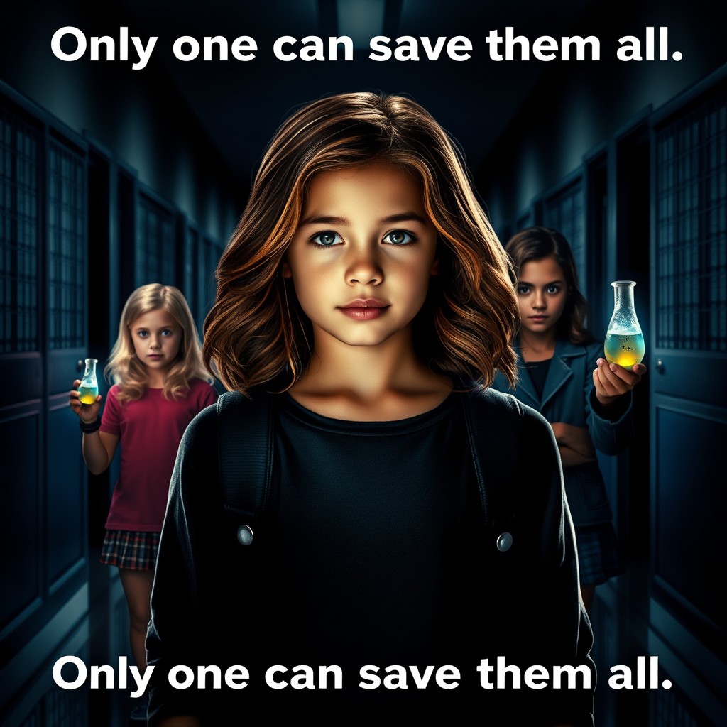 A captivating movie poster featuring a young girl with wavy hair, standing confidently at the forefront