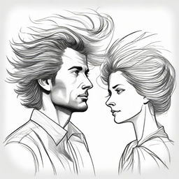 Illustrate a drawing of a man visually captivated by a side-facing woman, whose hair peculiarly takes the form of gusting wind.