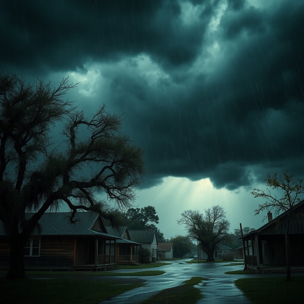 A dramatic and cinematic scene depicting a small Southern town in the United States under a dark, cloudy sky