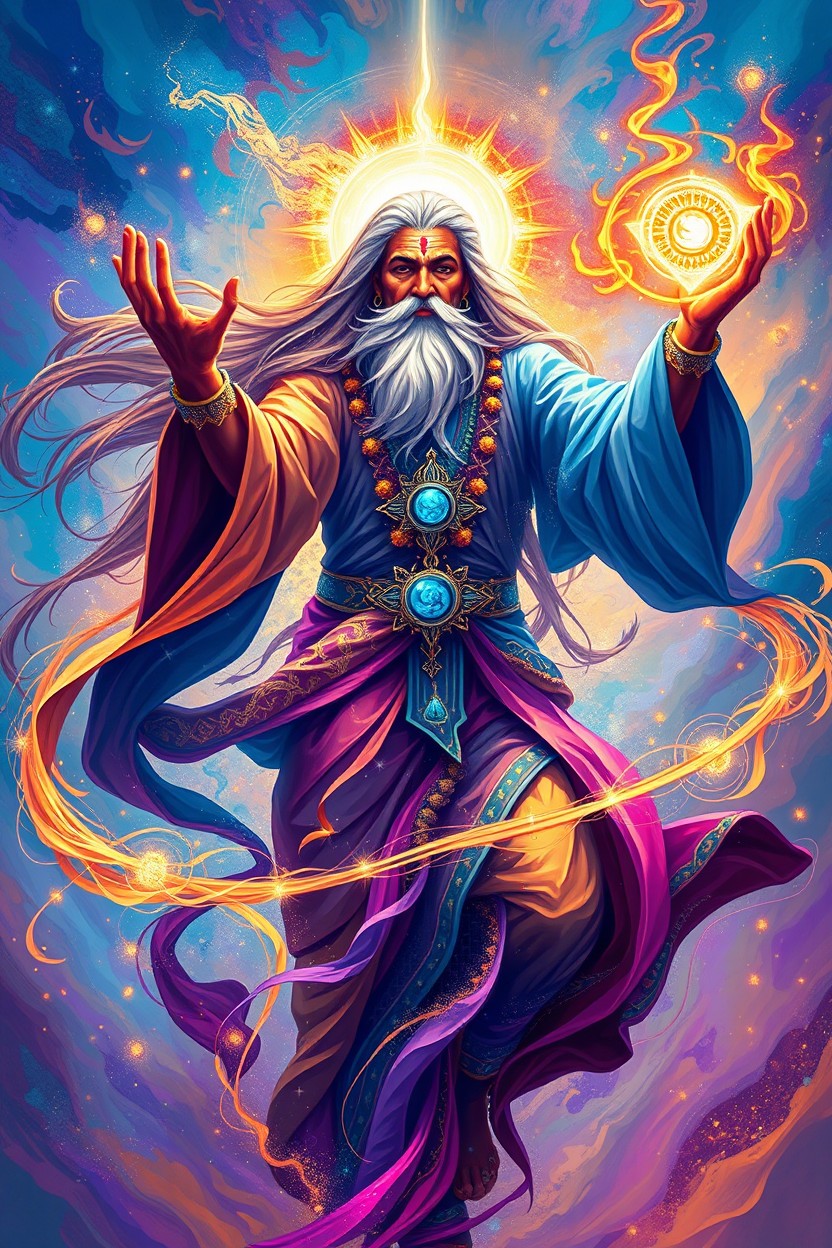 An abstract digital painting depicting an Indian sage exuding immense power
