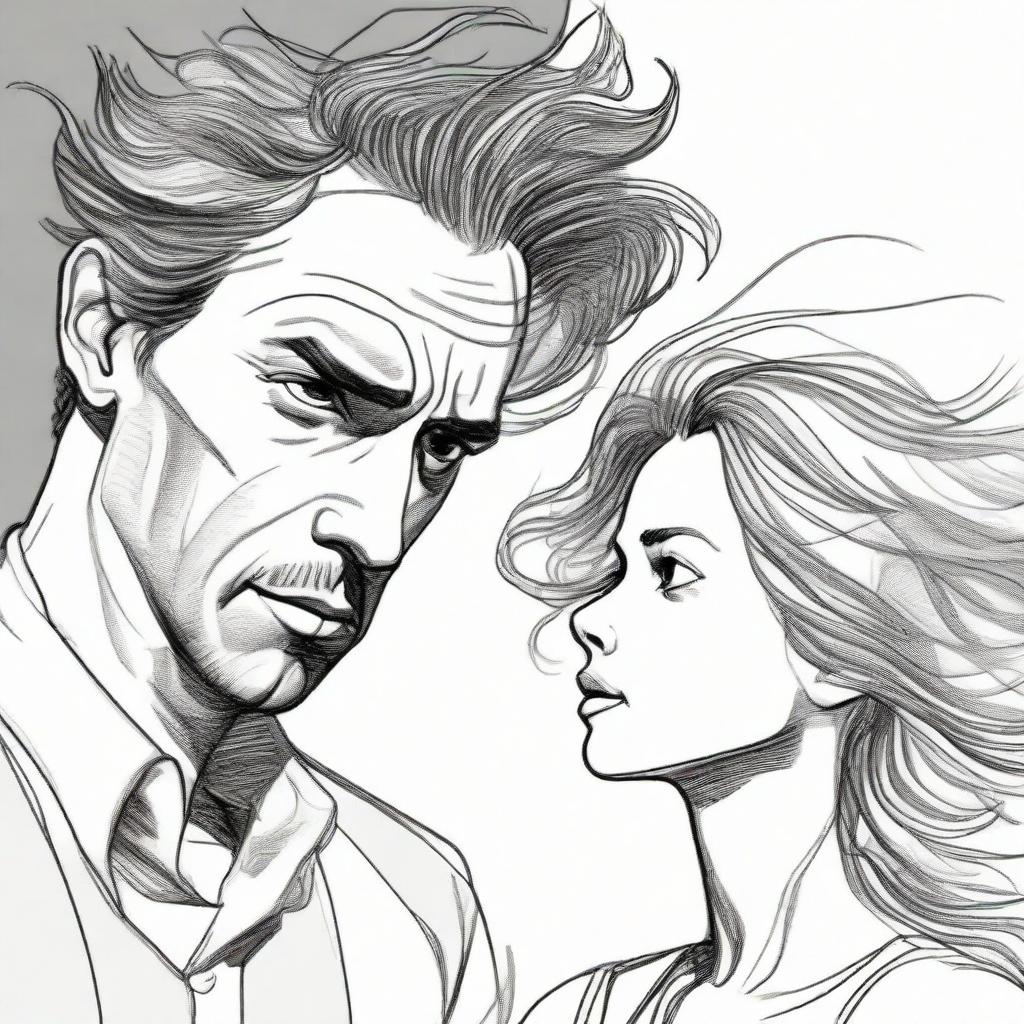 Illustrate a drawing of a man visually captivated by a side-facing woman, whose hair peculiarly takes the form of gusting wind.