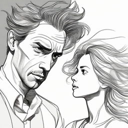 Illustrate a drawing of a man visually captivated by a side-facing woman, whose hair peculiarly takes the form of gusting wind.