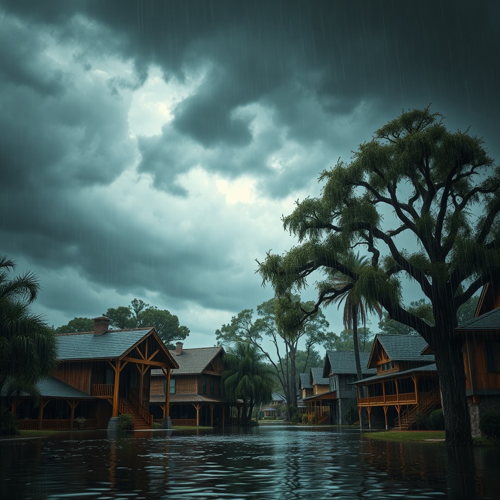 A dramatic and cinematic scene depicting a wealthy small town in the Southern United States under a dark, cloudy sky