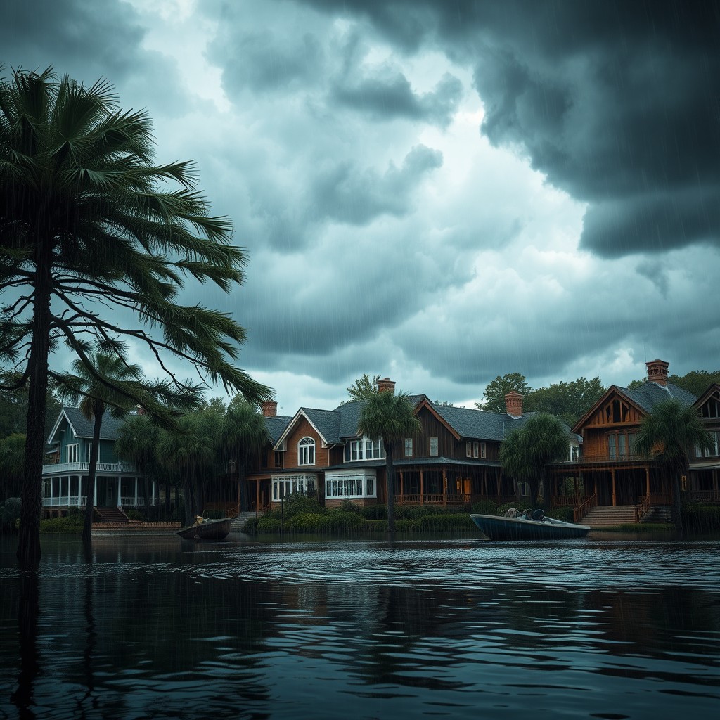 A dramatic and cinematic scene depicting a wealthy small town in the Southern United States under a dark, cloudy sky