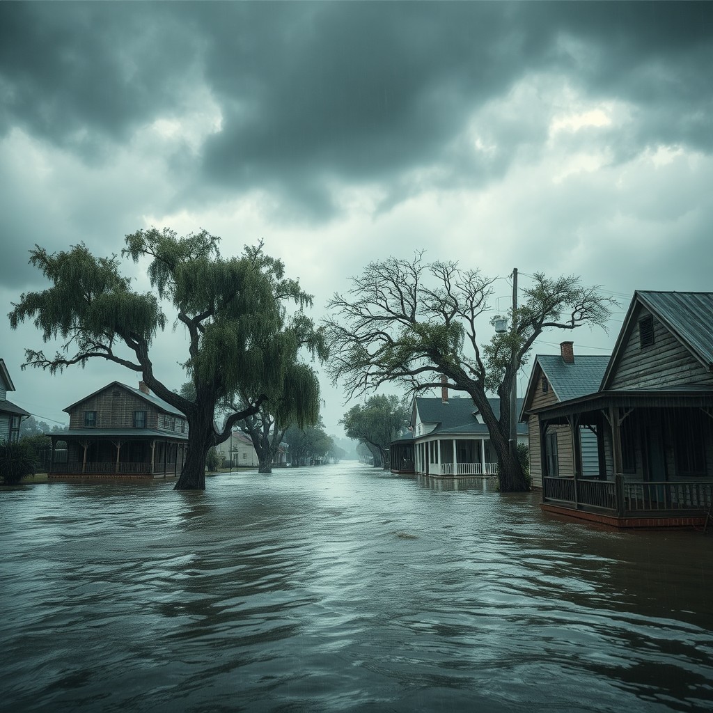 A dramatic and cinematic scene depicting a small Southern town in the United States under a dark, cloudy sky