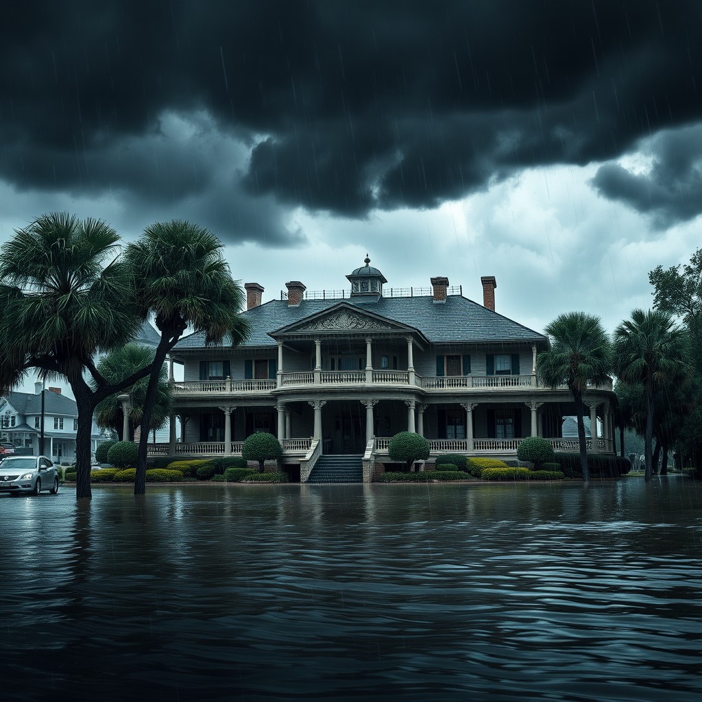 A dramatic and cinematic scene depicting an opulent mansion in a wealthy small town in the Southern United States under a dark, cloudy sky