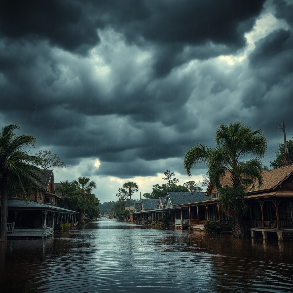 A dramatic and cinematic scene depicting a wealthy small town in the Southern United States, with an intense focus on the aftermath of a flood