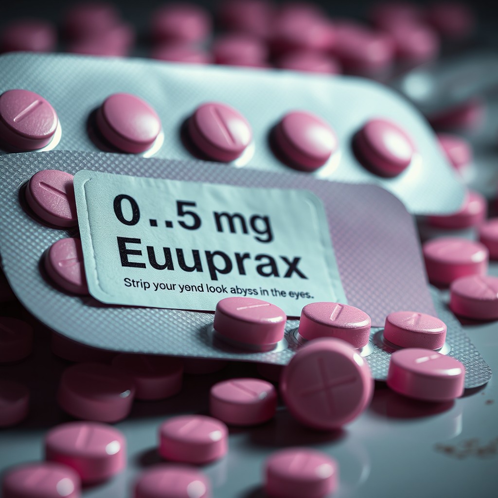A detailed, artistic depiction of a pack of pink Xanax pills, prominently featuring a label that says '0