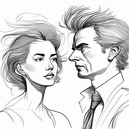 Illustrate a drawing of a man visually captivated by a side-facing woman, whose hair peculiarly takes the form of gusting wind.