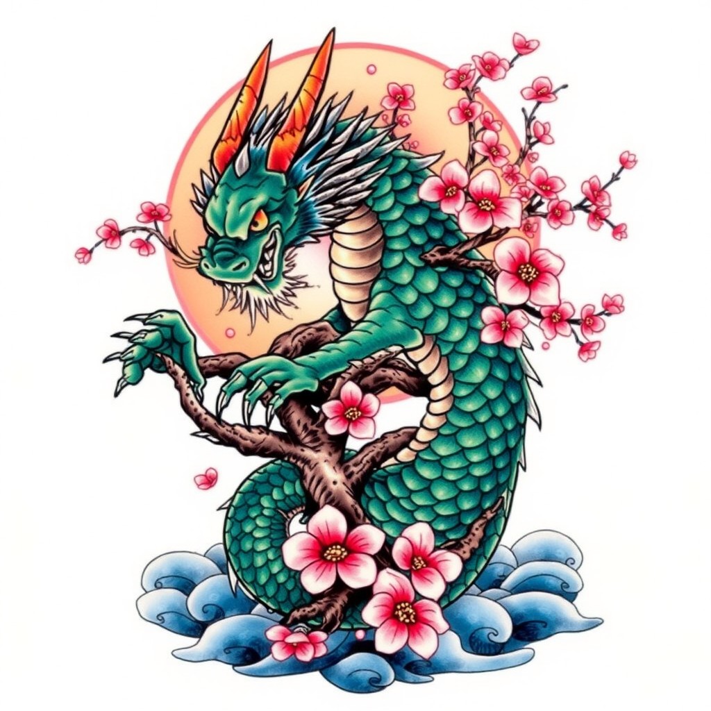 A beautifully detailed tattoo design featuring a fierce dragon intertwined around a traditional Japanese cherry blossom tree