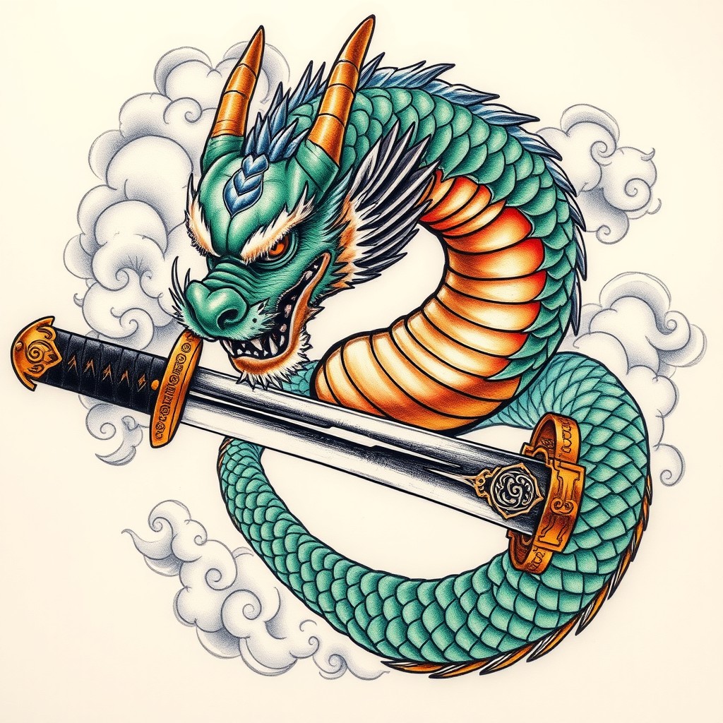 A detailed tattoo of a majestic dragon coiling around a samurai sword, showcasing intricate scales and fierce eyes