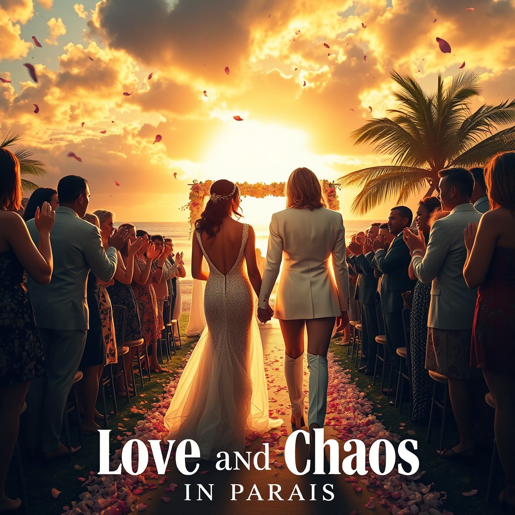 A cinematic poster that captures the essence of 'Love and Chaos in Paradise', a dramedy blending romance, comedy, and emotional tension