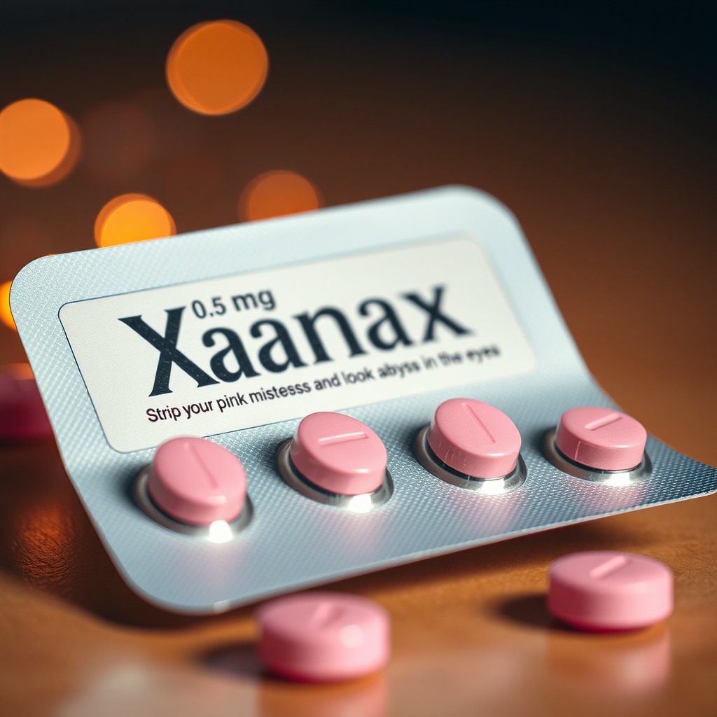 A close-up image of a blister pack of pink Xanax pills, prominently displaying the label that reads "0
