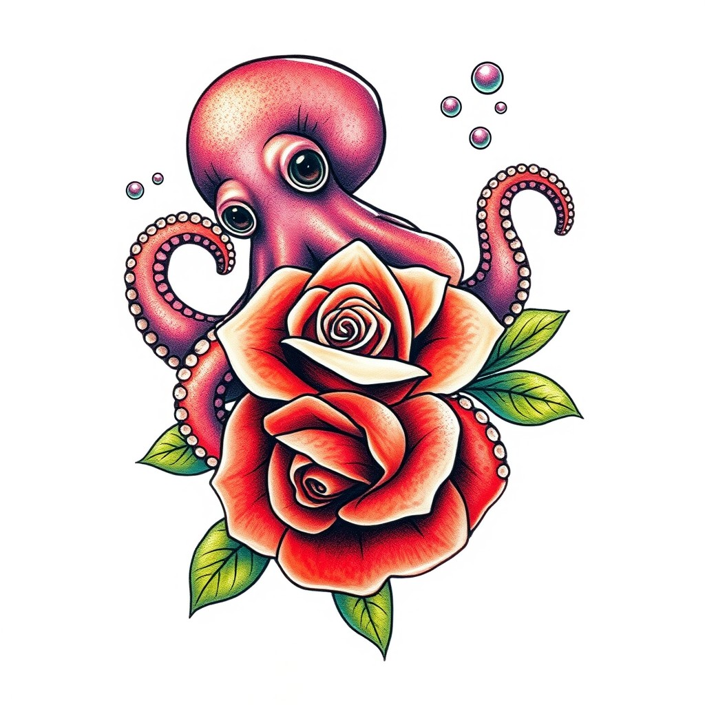 A stunning tattoo design featuring a beautifully detailed octopus intertwined with a blooming rose, surrounded by delicate bubbles