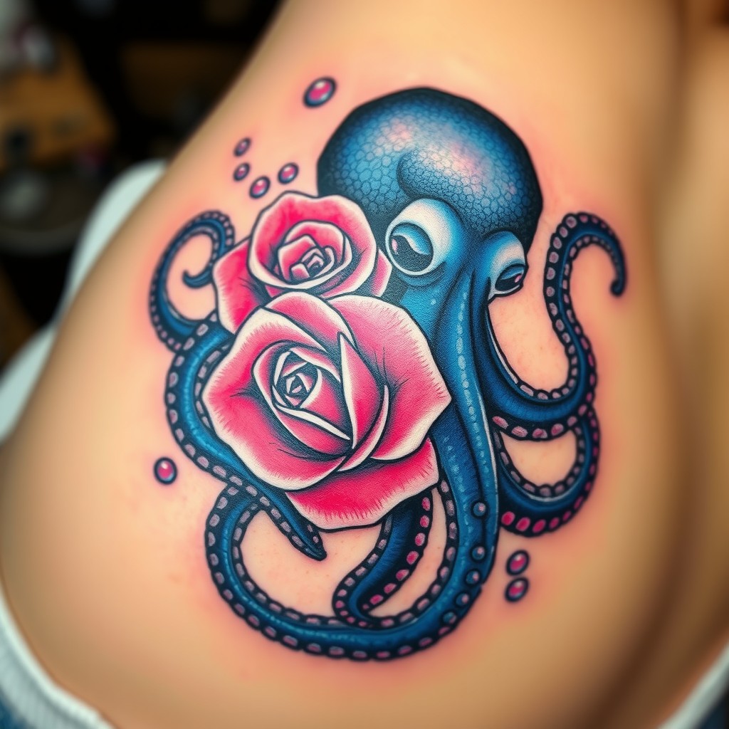 A captivating tattoo design featuring a stylized dark blue octopus elegantly intertwined with a vibrant pink rose, surrounded by shimmering bubbles