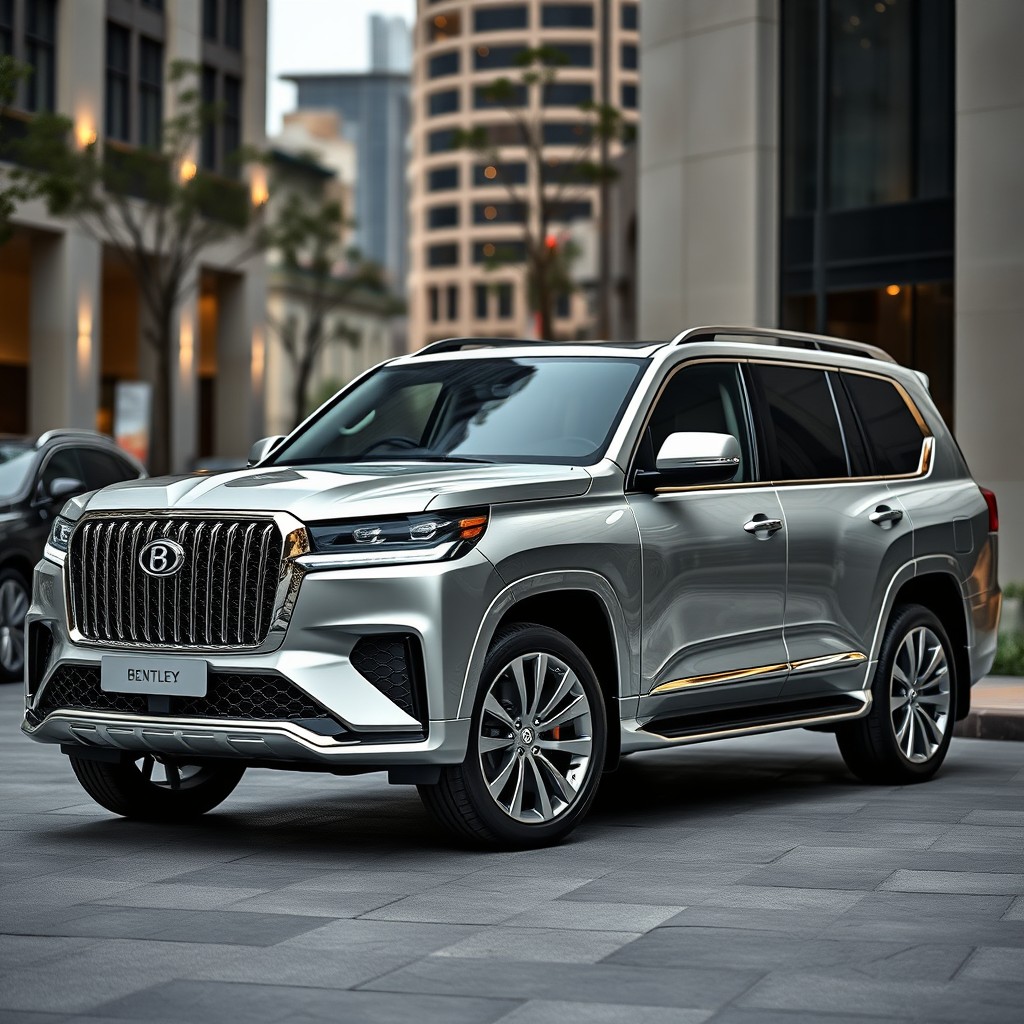 Luxury SUV featuring a sleek and powerful body design inspired by the Toyota Land Cruiser 300, equipped with an elegant Bentley Bentayga front grille and sophisticated headlights