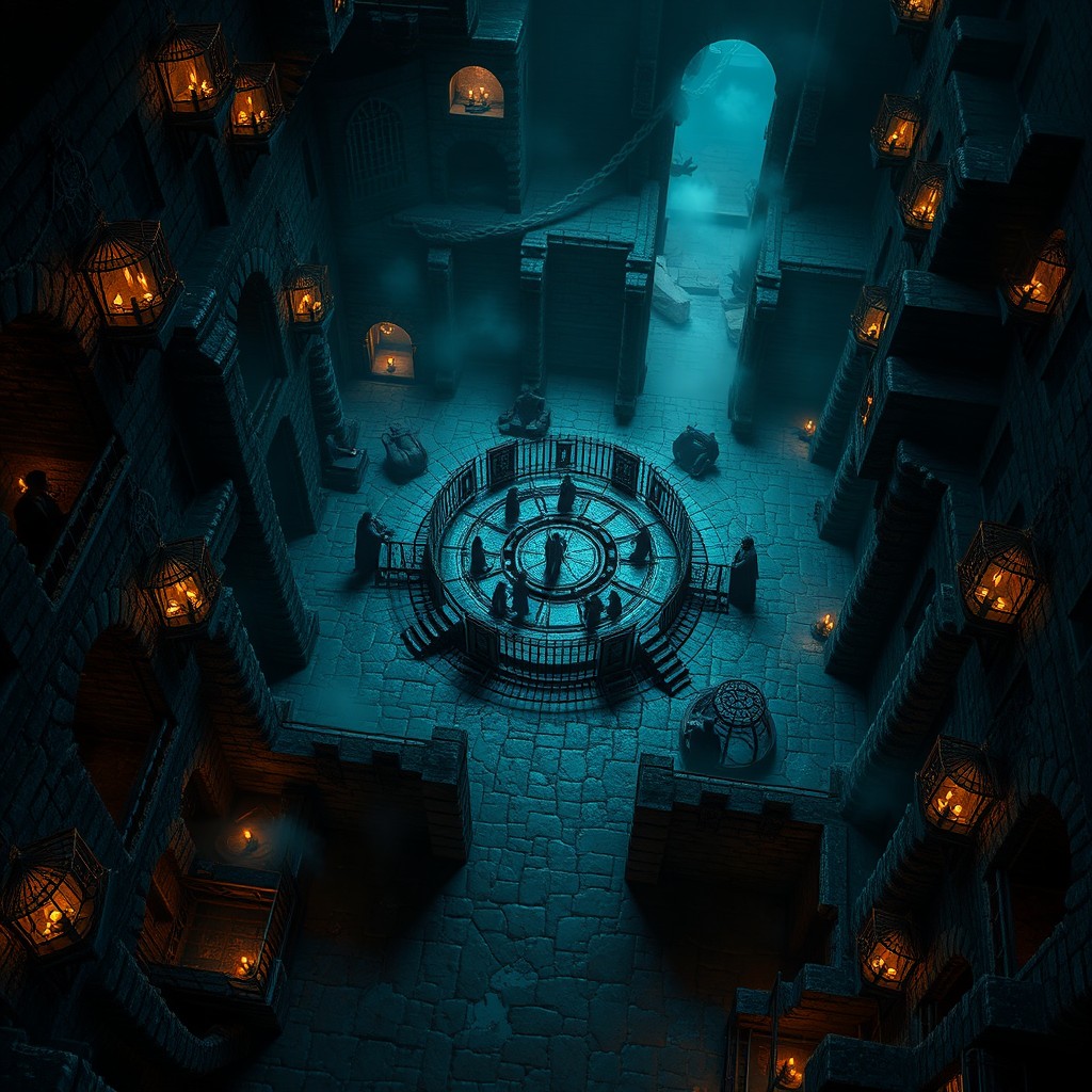 An elaborate underground prison designed in a fantasy RPG style, seen from a bird's-eye view