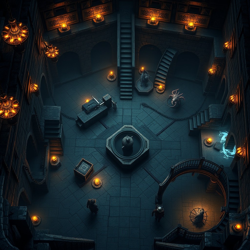 An intricate underground prison designed in a fantasy RPG style, viewed from above