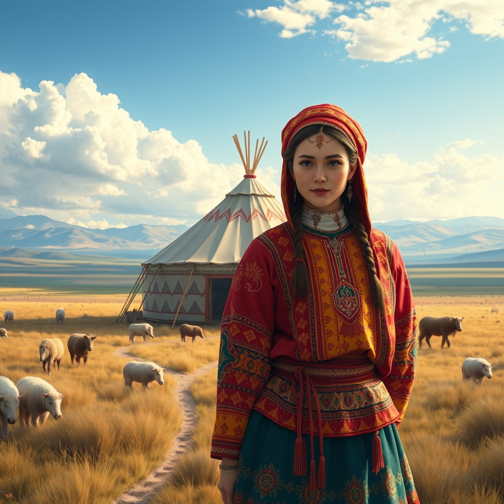 A stunning and highly detailed illustration of Kazakh traditional clothing adorned with intricate ornament patterns, set against a vast steppe landscape