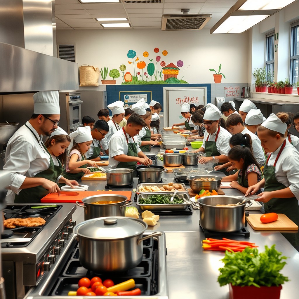 A bustling school kitchen filled with chefs and students preparing a variety of dishes